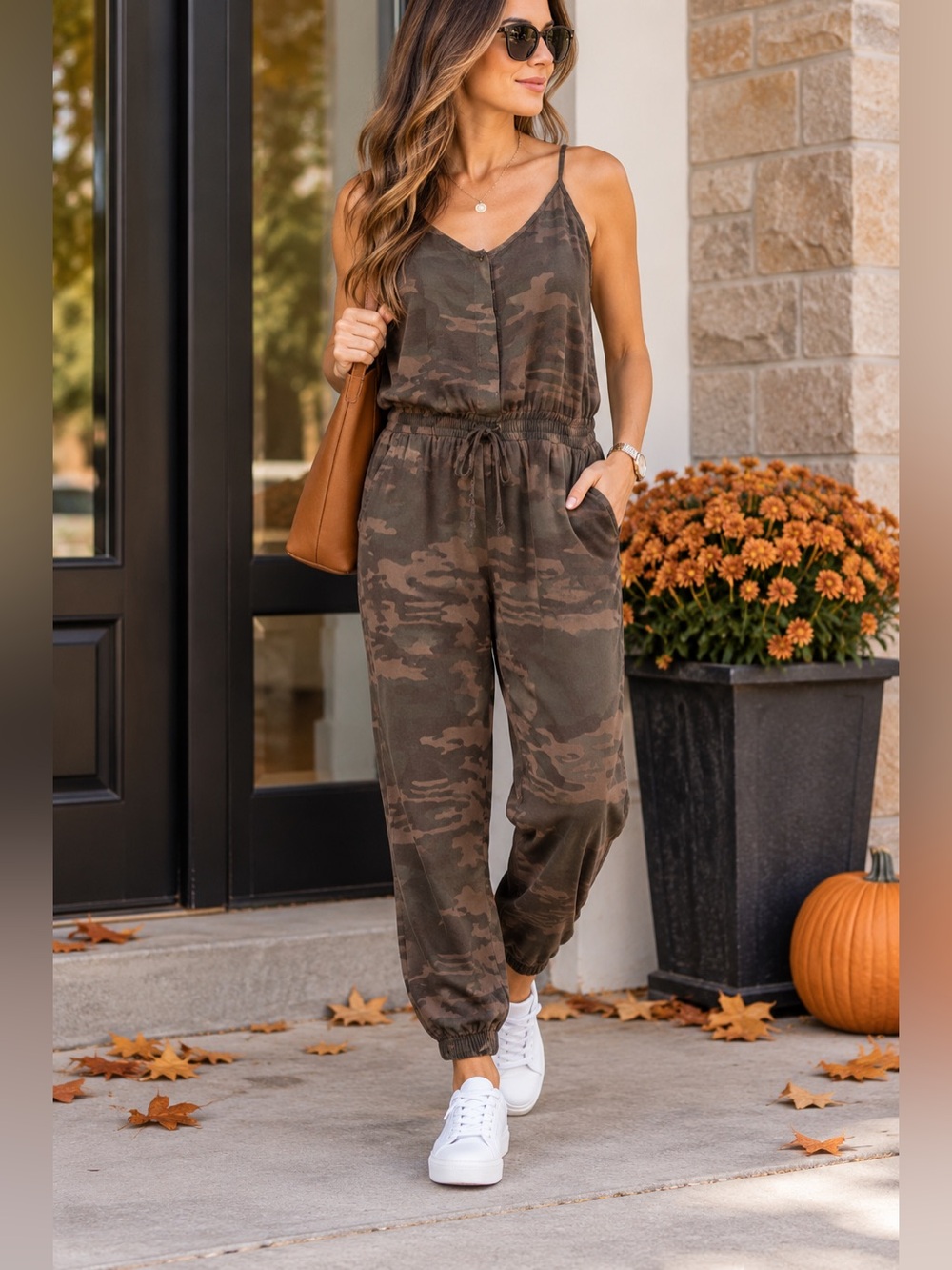 Storia Womenโs Camo Jogger Jumpsuit Size M Adjustable Straps Drawstring Utility